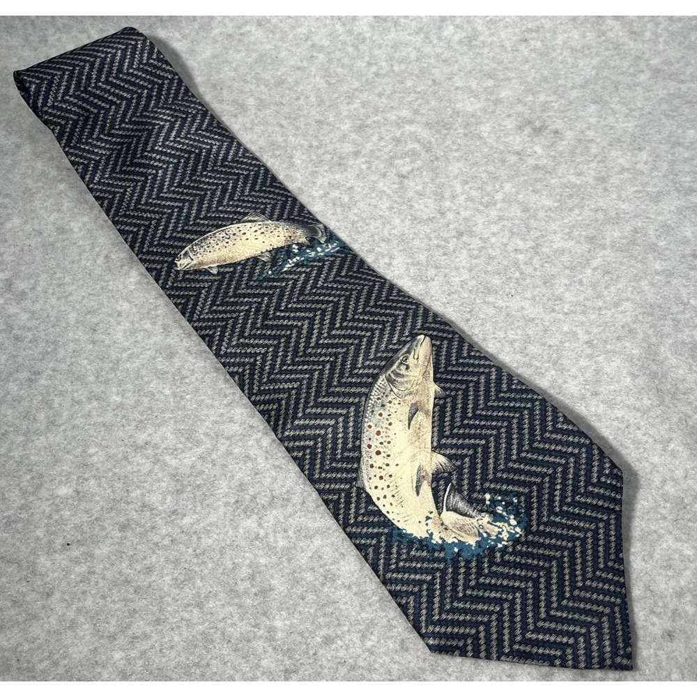 Field Wear‎ Tie Mens Blue Silk Trout Fish Pattern Herringbone Outdoors Fishing